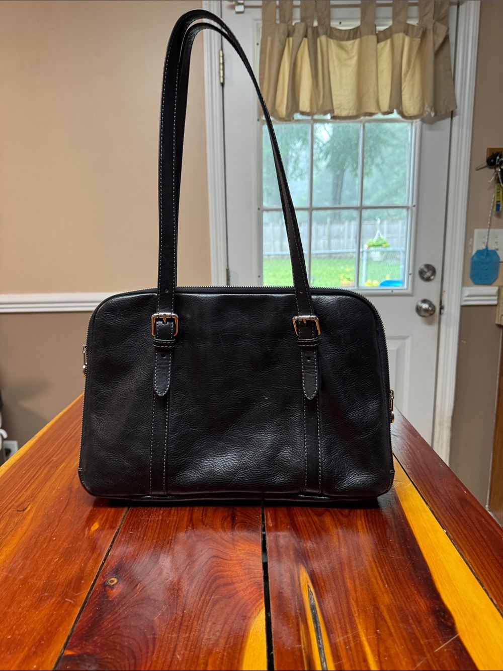 D&D Firenze Italian Black Leather Shoulder Bag with Dual Straps Made In Italy